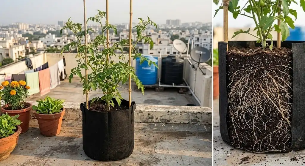 Tomato plant in black geo-fabric grow bag on Indian apartment terrace showing air pruning benefit with healthy fibrous root system