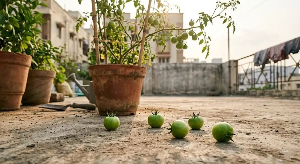 Several small green developing tomatoes on Indian terrace floor — dropped prematurely before ripening from container plant