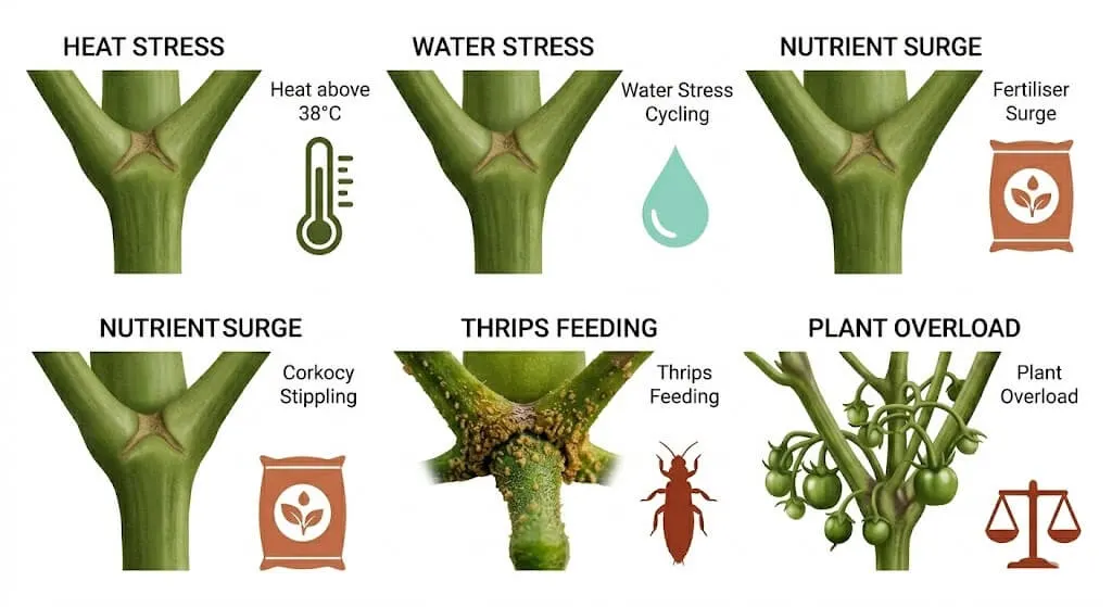 Five panel visual showing different stem junction appearances for each of the five fruit drop causes in Indian container gardens