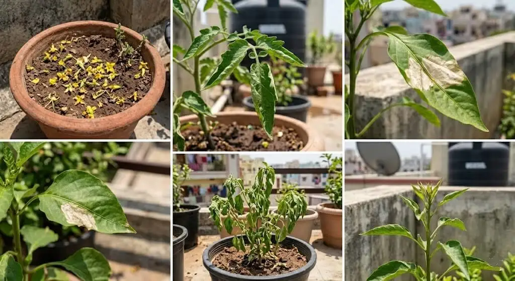 Five panel collage showing signs of heat stress in container plants — flower drop, leaf curl, bleached patches, afternoon wilt, no growth