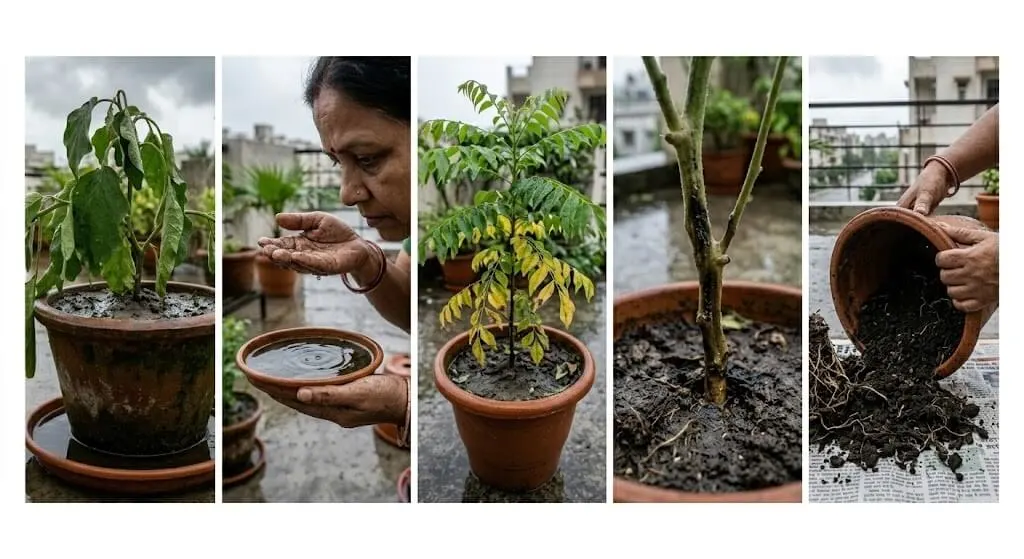 Five panel collage of root rot signs in Indian container plants — wet soil wilt, sour smell, yellow lower leaves, soft stem base, loose root ball