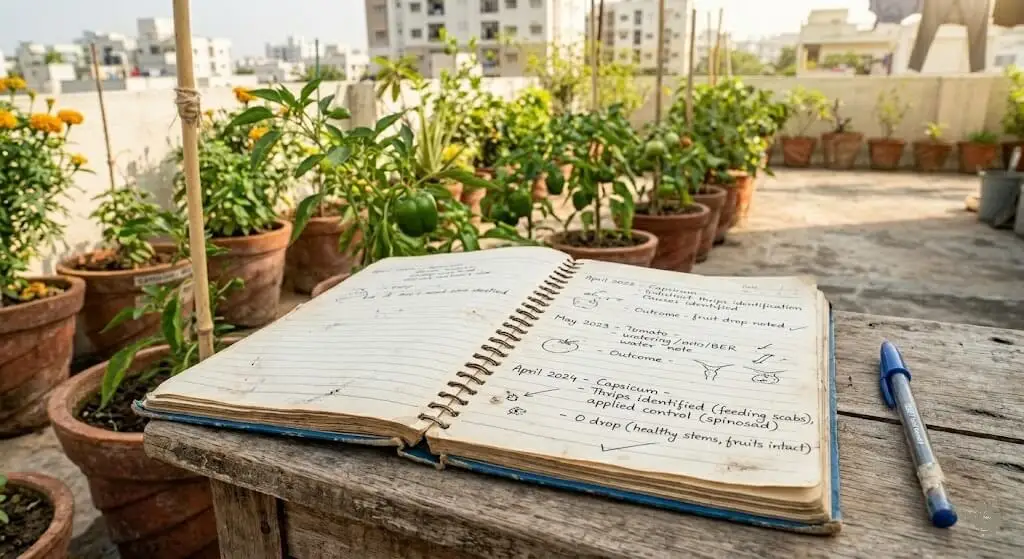 Gardening notebook showing fruit drop data 2022 to 2023 Madanapalle terrace — seven events across five different causes with outcomes
