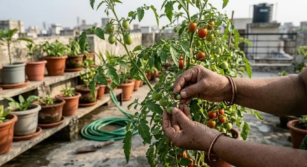 Indian gardener removing smallest developing tomatoes from overcrowded cluster for intentional fruit thinning to prevent plant overload drop
