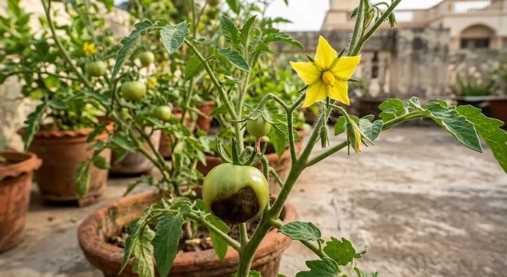 Three tomato fruit stages on one plant showing Category 1 dark patch affected, Category 2 tiny developing fruit, Category 3 open flower