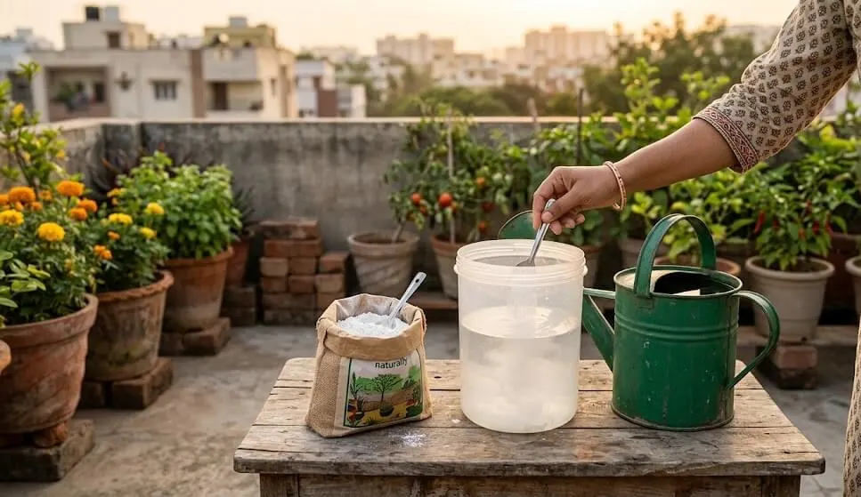 Garden lime calcium carbonate dissolved in 5 litres of water for blossom end rot calcium drench