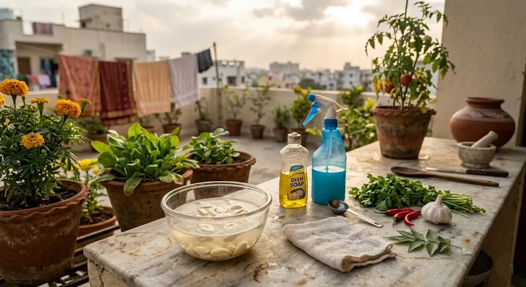 Crushed garlic cloves soaking overnight water garlic-soap spray whitefly crawlers Indian balcony plants