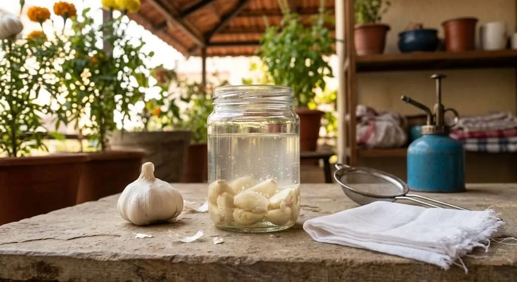 Crushed garlic cloves soaking in water jar for 24 hours to make organic aphid repellent spray for Indian container garden