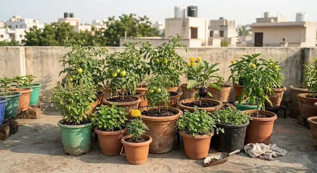 Container pots grouped together on Indian terrace for community shading and humidity — reduces soil temperature in inner pots