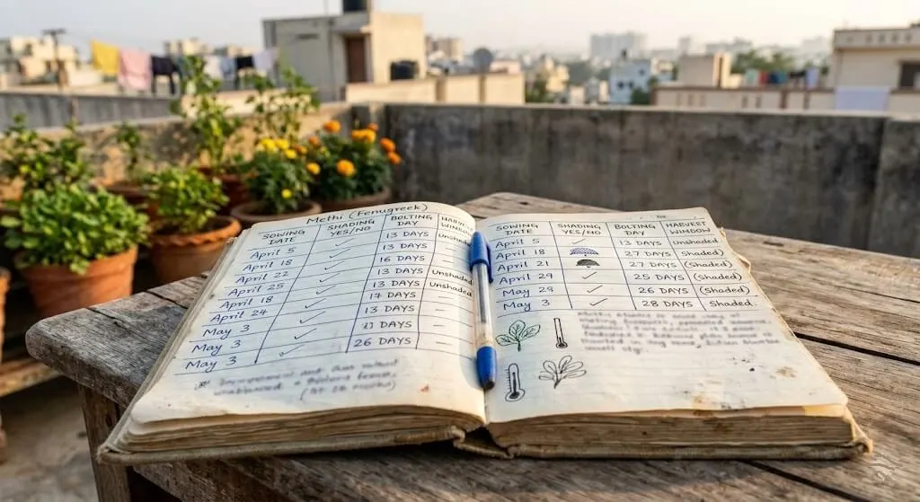 Gardening notebook harvest duration comparison Madanapalle 2023 with and without afternoon shading 10-14 day extension