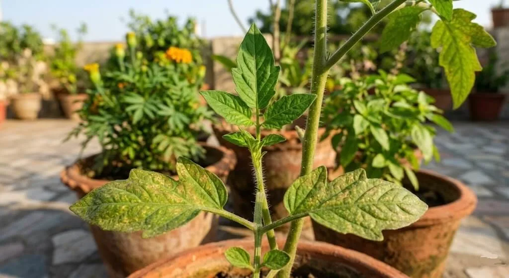 New clean healthy tomato leaves emerging without stippling after neem oil organic pest treatment showing recovery on Indian terrace