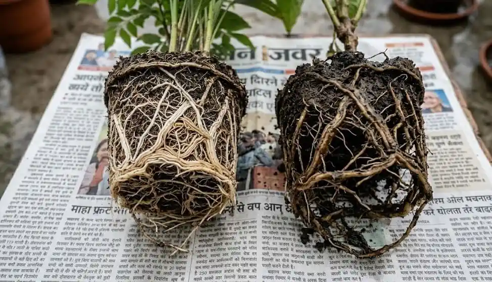Side by side comparison of healthy white container plant roots versus brown mushy root rot infected roots