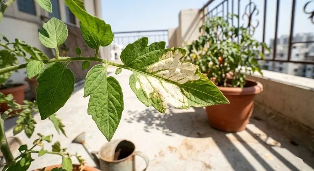 Heat scorch damage showing bleached white-yellow patches on sun-facing side of plant leaf on Indian balcony in summer