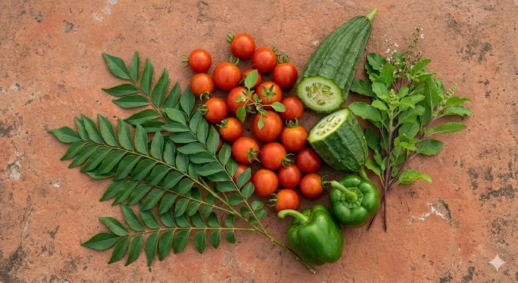 Heat tolerant Indian summer vegetables — ridge gourd, tulsi, curry leaf, Arka Vikas tomatoes, capsicum arranged on terracotta surface