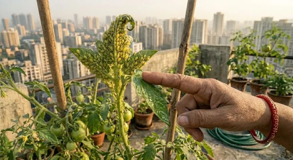 Indian gardener running finger along leaf surface below tomato growing tip performing honeydew test for early aphid detection