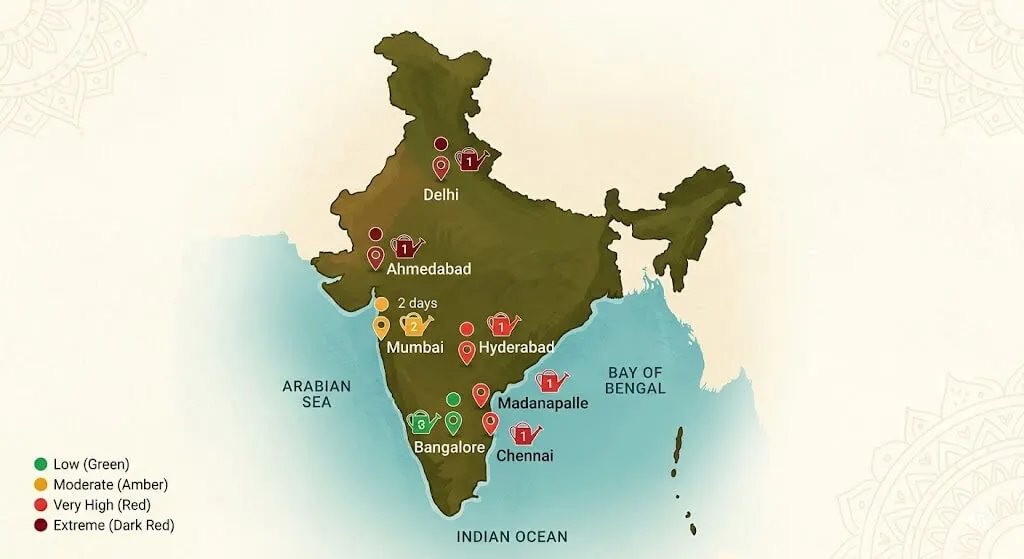 India map showing blossom end rot risk level for container tomato gardens Bangalore low to Delhi extreme