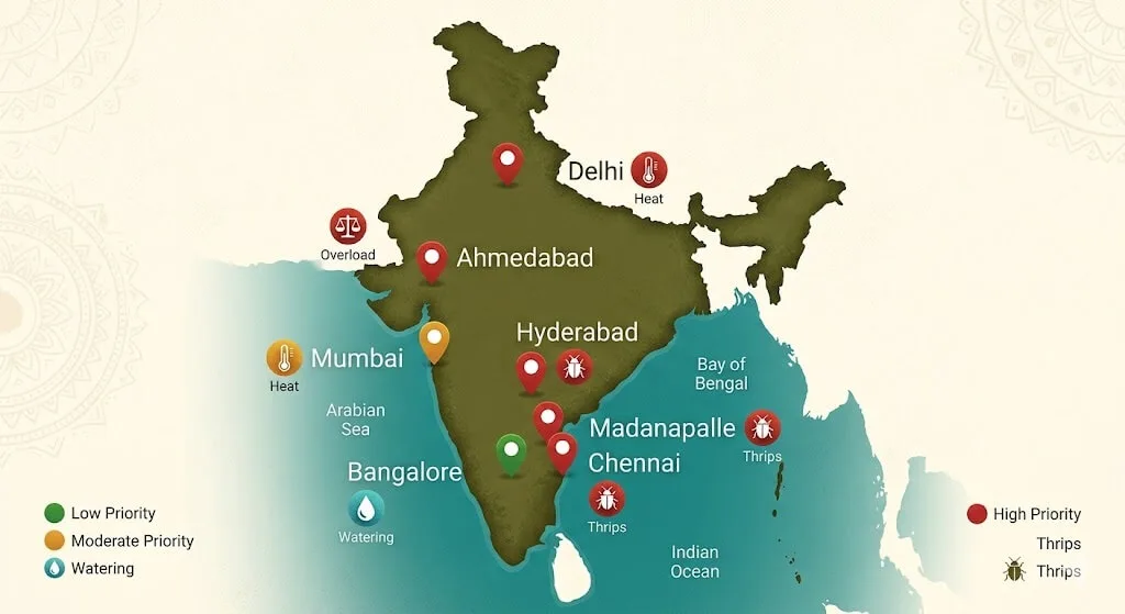 India map showing primary fruit drop trigger and prevention priority for container tomato growers in different Indian cities