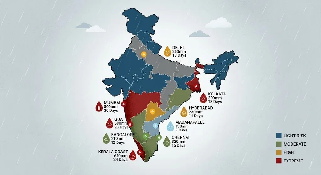 India map showing July monsoon rainfall and consecutive rain days by city with container root rot risk levels