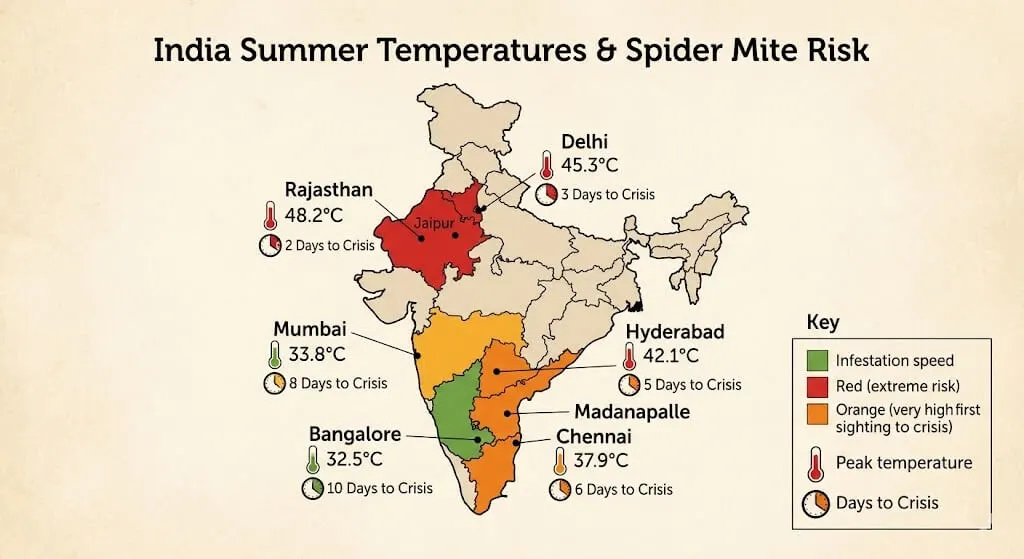India map showing city summer temperatures and spider mite infestation speed from first sighting to crisis for Indian container gardeners