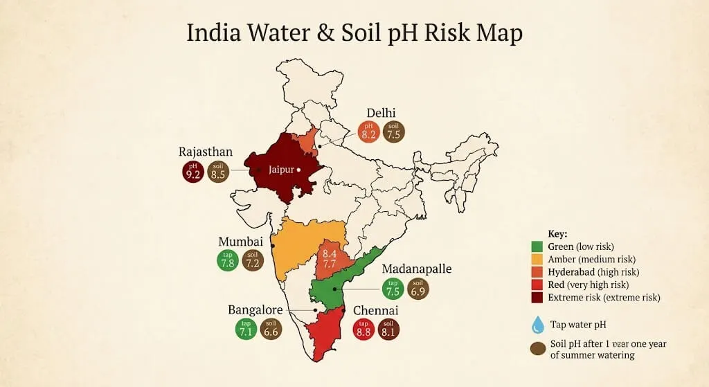 India map showing city tap water pH levels and micronutrient lockout risk for container gardeners after one year of summer watering