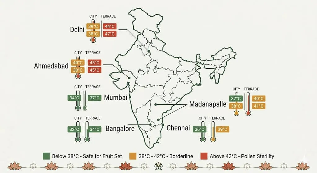 India map showing city versus terrace temperatures for balcony gardeners during June summer heat
