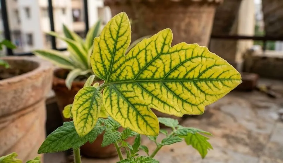 Iron deficiency showing yellow leaf with green veins (interveinal chlorosis) on new top growth of container plant in India