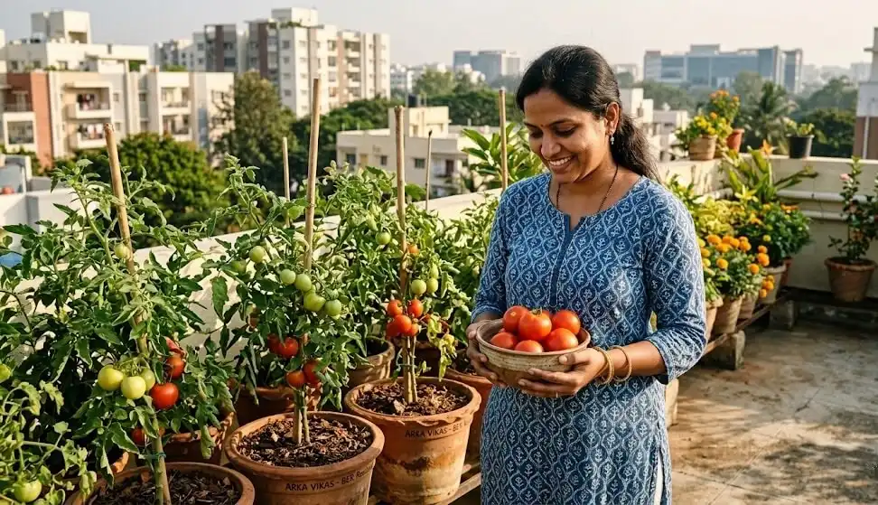 Indian woman on Bangalore terrace holding bowl of clean tomatoes with no blossom end rot after fixing consistent evening watering