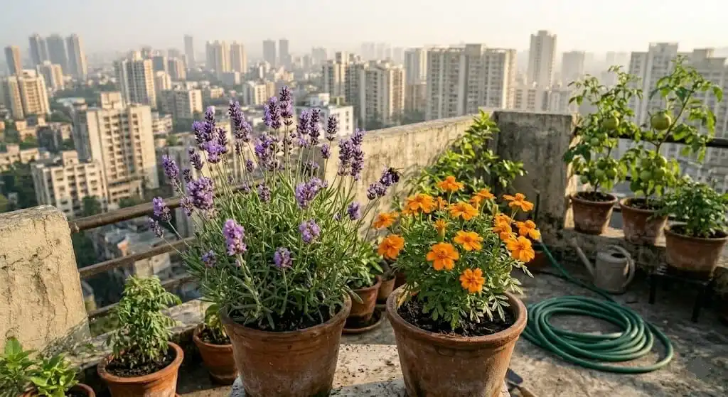 Lavender and single-flowered marigold plants in containers on Indian apartment terrace balcony attracting native bees for pollination