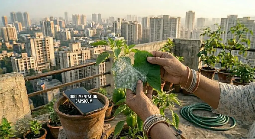 Indian gardener turning capsicum leaf over to check underside for powdery mildew vs downy mildew identification before treatment decision