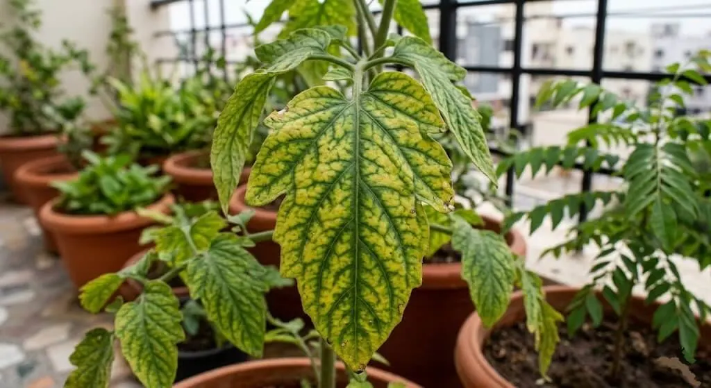 Magnesium deficiency showing mottled yellow patches between green veins on older bottom leaf of container plant