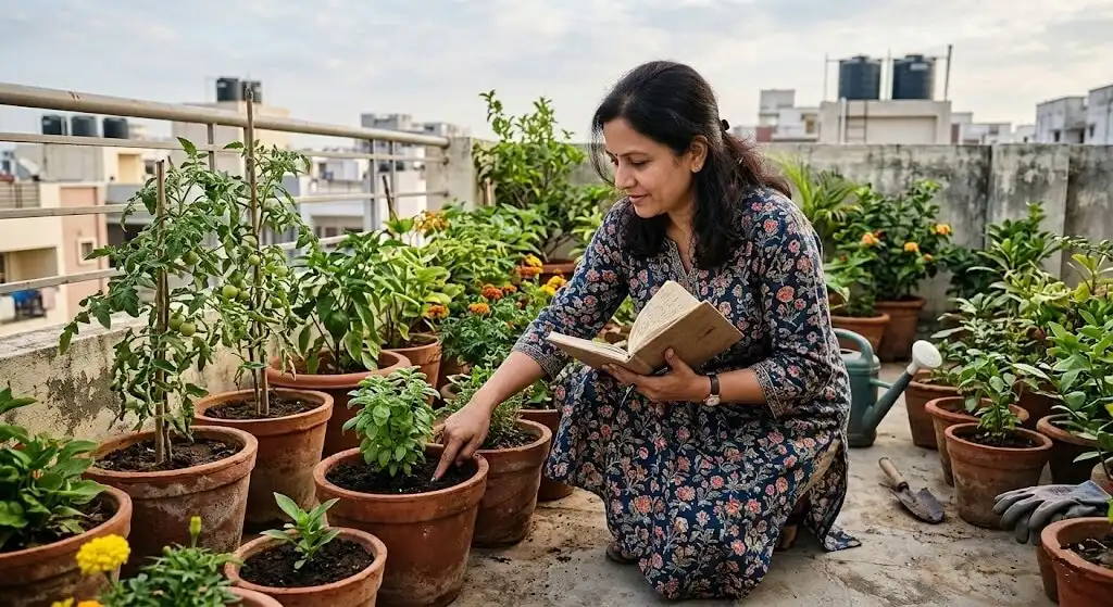 Indian container gardener doing finger test checks in March to establish summer watering baseline before April May heat begins