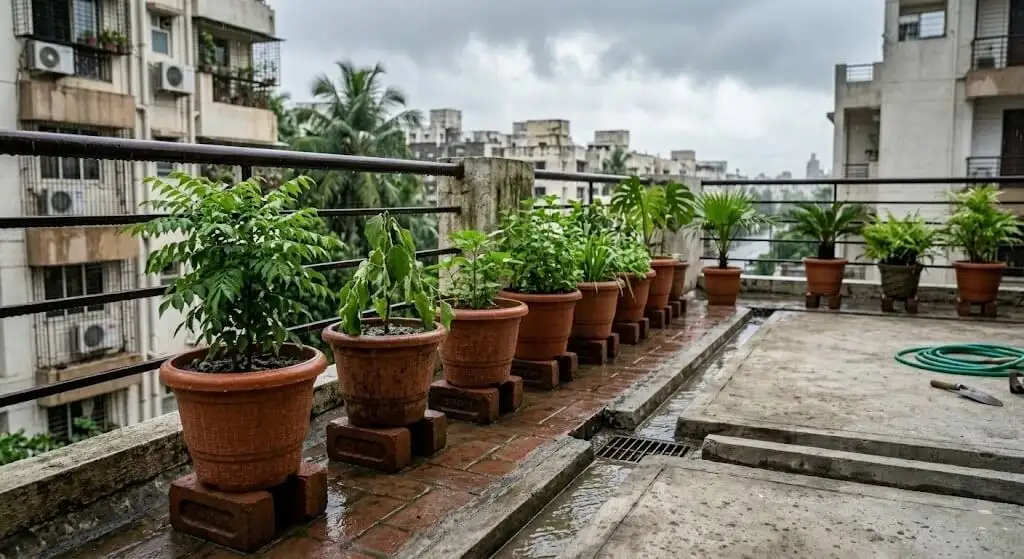 Mumbai apartment terrace with container pots raised on clay bricks without saucers showing monsoon root rot prevention setup