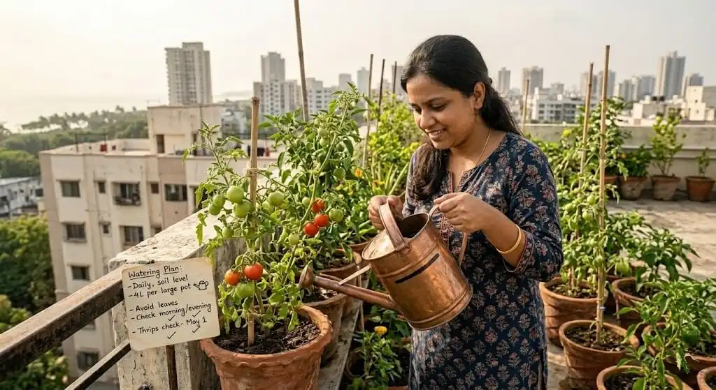 Indian woman on Mumbai terrace holding watering can with volume marking and written watering card for neighbour — solution to 4-year fruit drop