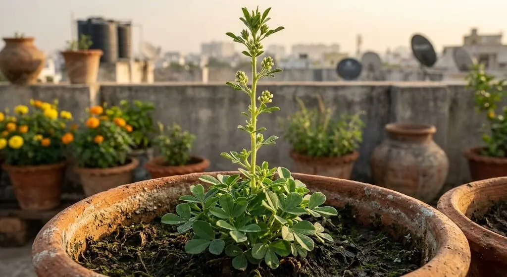 Methi bolting stalk showing progressive leaf size reduction from base to tip with flower bud cluster at apex