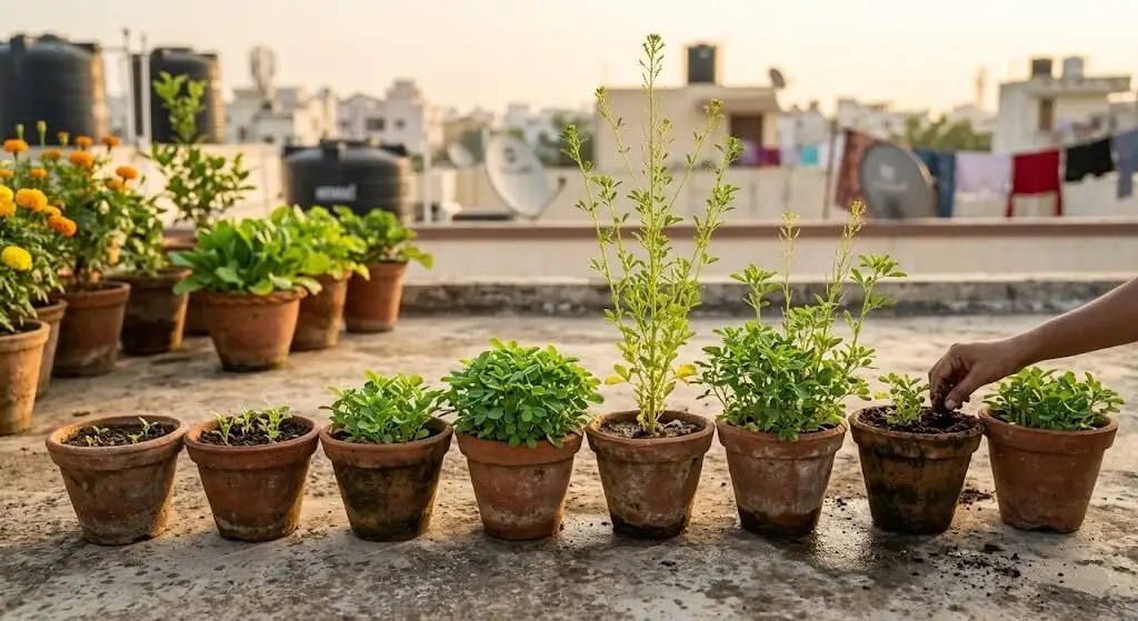 Multiple 6-inch terracotta containers of methi coriander in different growth stages Indian apartment terrace succession planting