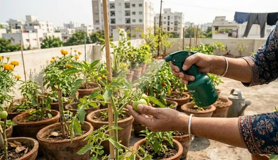 Indian woman on Mumbai terrace holding watering can with volume marking and written watering card for neighbour — solution to 4-year fruit drop