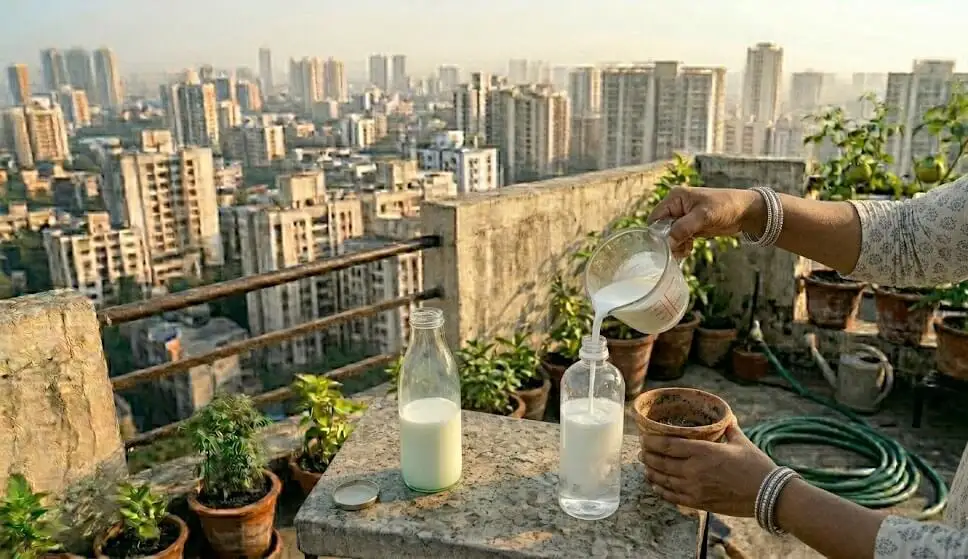 Full-fat milk being diluted 30-70 with water for UV-activated antifungal milk spray for powdery mildew prevention on Indian balcony container plants