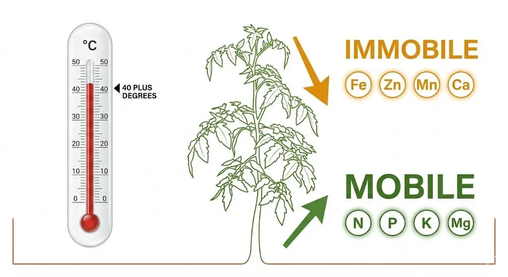 Scientific diagram showing mobile nutrients affecting old bottom leaves versus immobile nutrients affecting new growing tip leaves in summer