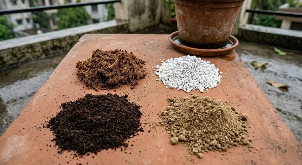 Four monsoon potting mix ingredients — coco peat, perlite, vermicompost, neem cake arranged on Indian terrace