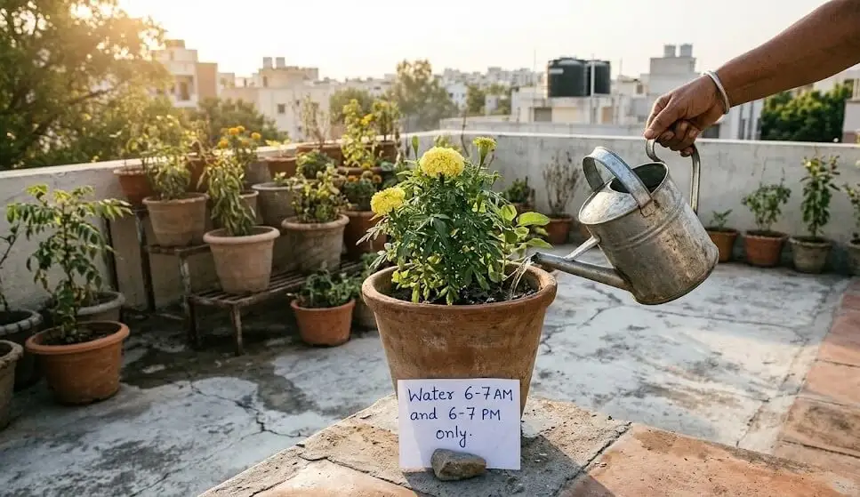 Early morning watering at 6 to 7 AM on Indian terrace — correct timing to cool soil and protect plant roots in summer
