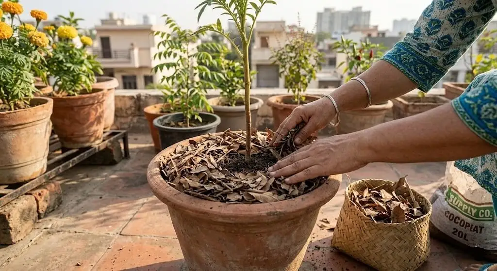Applying 4 to 5cm layer of dry leaf mulch on container pot soil to reduce soil temperature in Indian summer