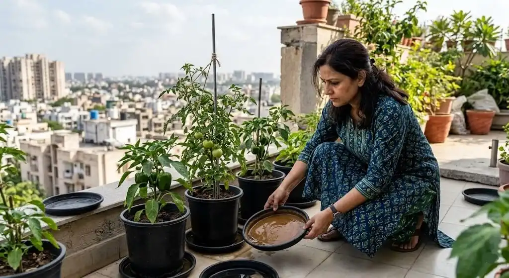 Indian woman on Delhi apartment terrace removing saucers from black plastic pots to fix chronic overwatering and allow proper drainage