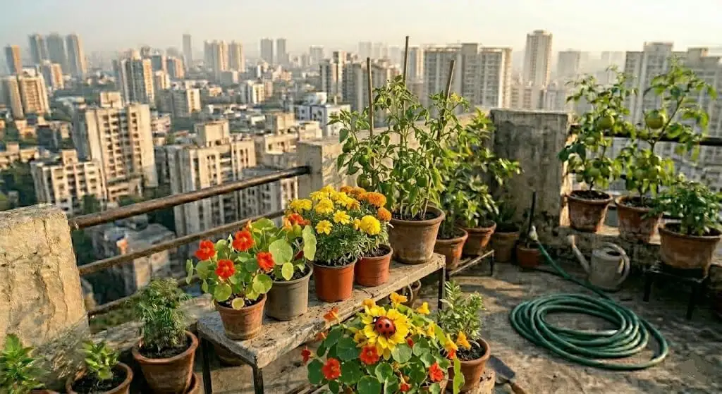 Nasturtium and single-flowered marigold companion plants on Indian apartment terrace attracting beneficial insects and trapping aphids away from vegetables