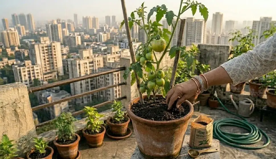 Neem cake powder being mixed into top layer of container soil to suppress spider mite eggs and larvae that fall from plant leaves