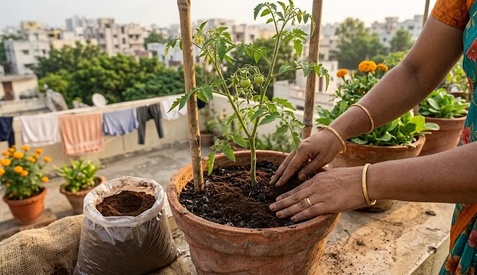 Neem cake powder worked into top 3cm container soil suppress whitefly pupae falling from leaves