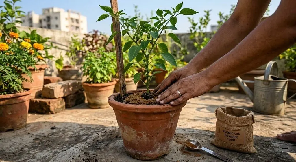 Neem cake powder being mixed into top soil of terracotta container pot for ongoing pest prevention in Indian summer garden
