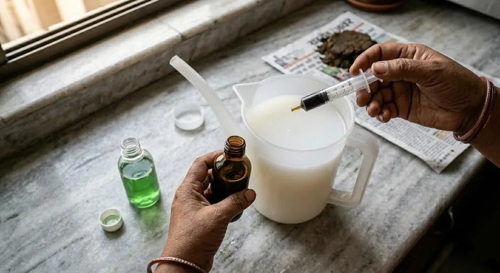 Cold pressed neem oil being mixed with dish soap and water showing milky white emulsification for root zone drench