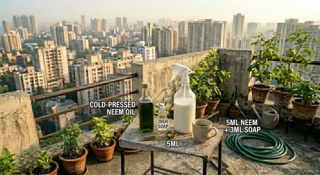 Neem oil and dish soap being mixed in spray bottle creating milky white emulsion for aphid contact kill treatment on Indian container plants