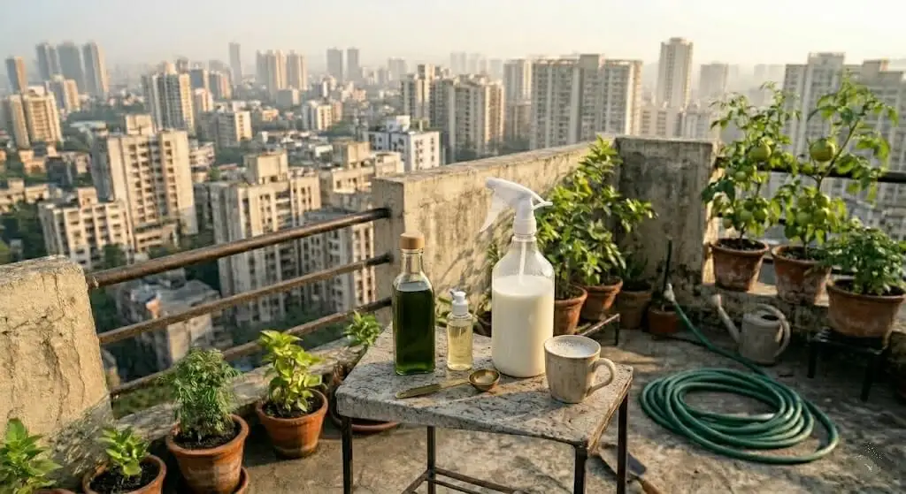 Neem oil spray preparation showing cold-pressed neem oil being mixed with dish soap and water to create milky white acaricidal spray