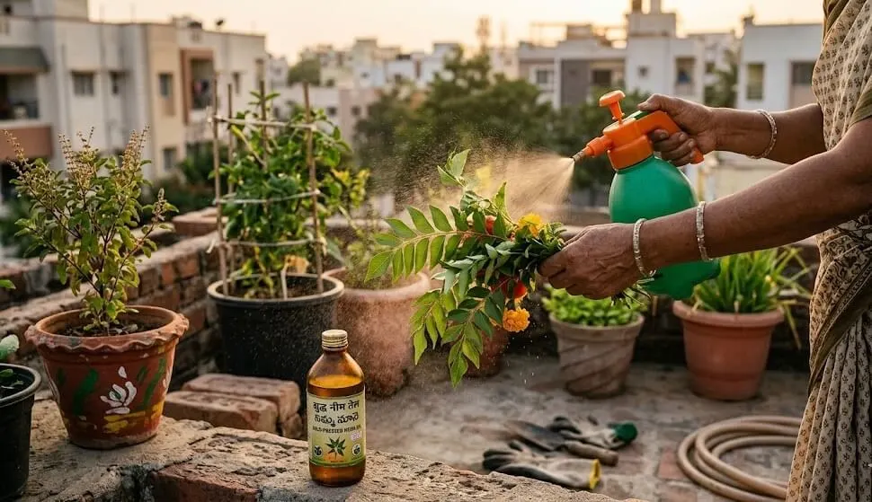 Applying neem oil spray to underside of plant leaves to treat spider mites on Indian balcony container garden