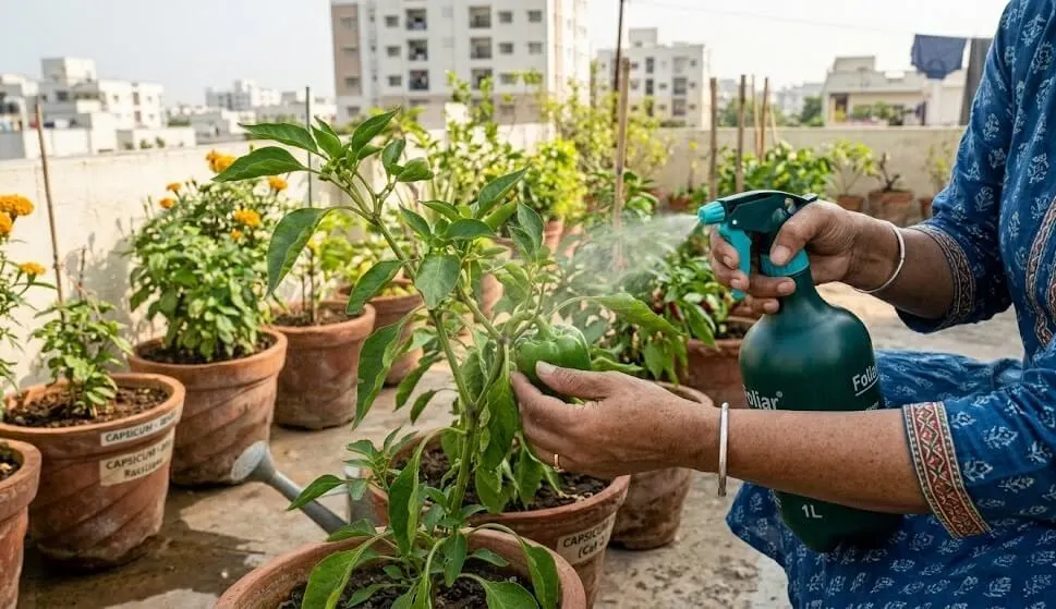 Indian gardener applying neem oil spray specifically to tomato and capsicum stems and fruit junctions for thrips control